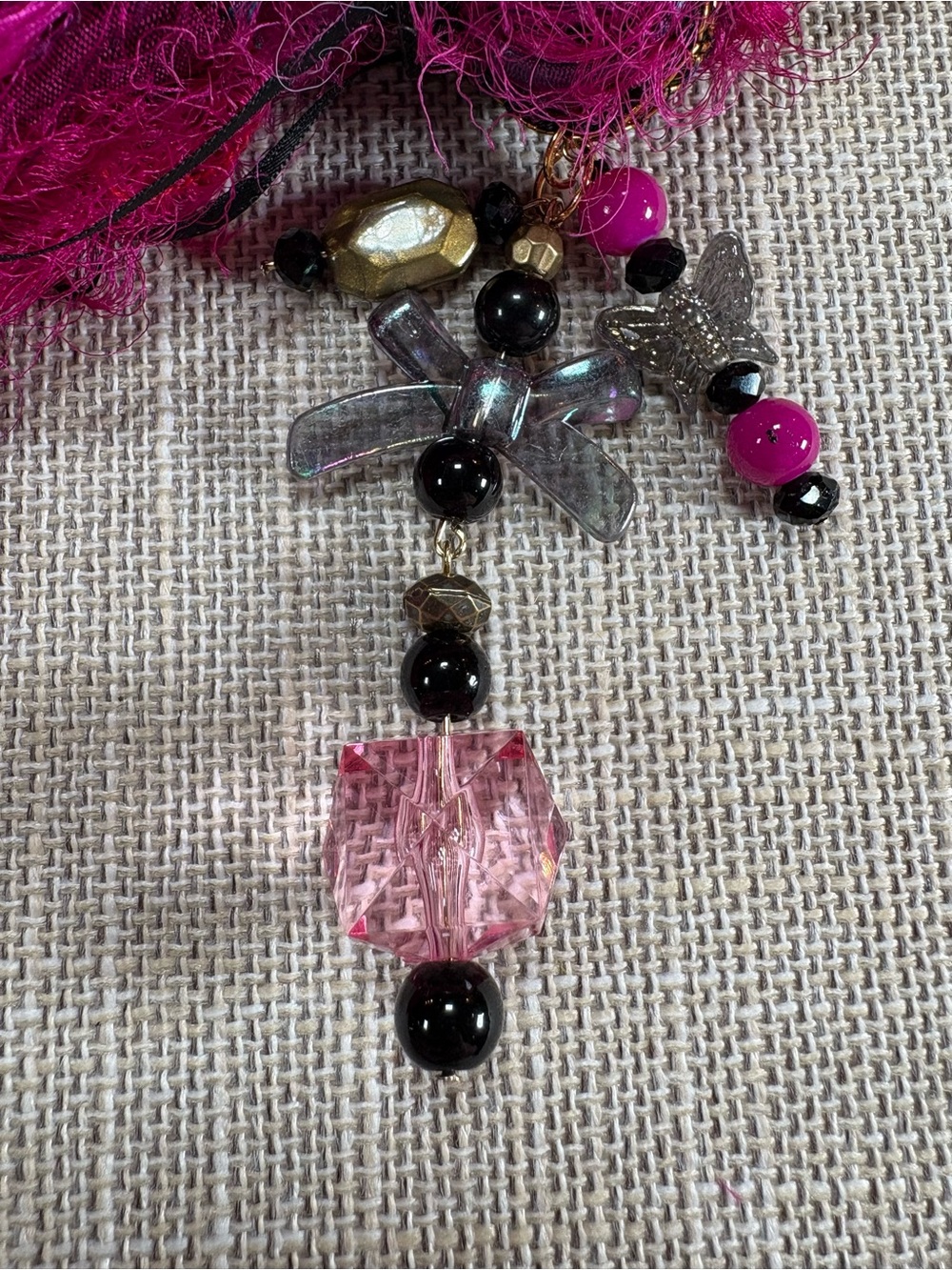 Hand Crafted Fuchsia Pink Tassel Keychain/Bag Charm with Gold Accents - Picture 10 of 12